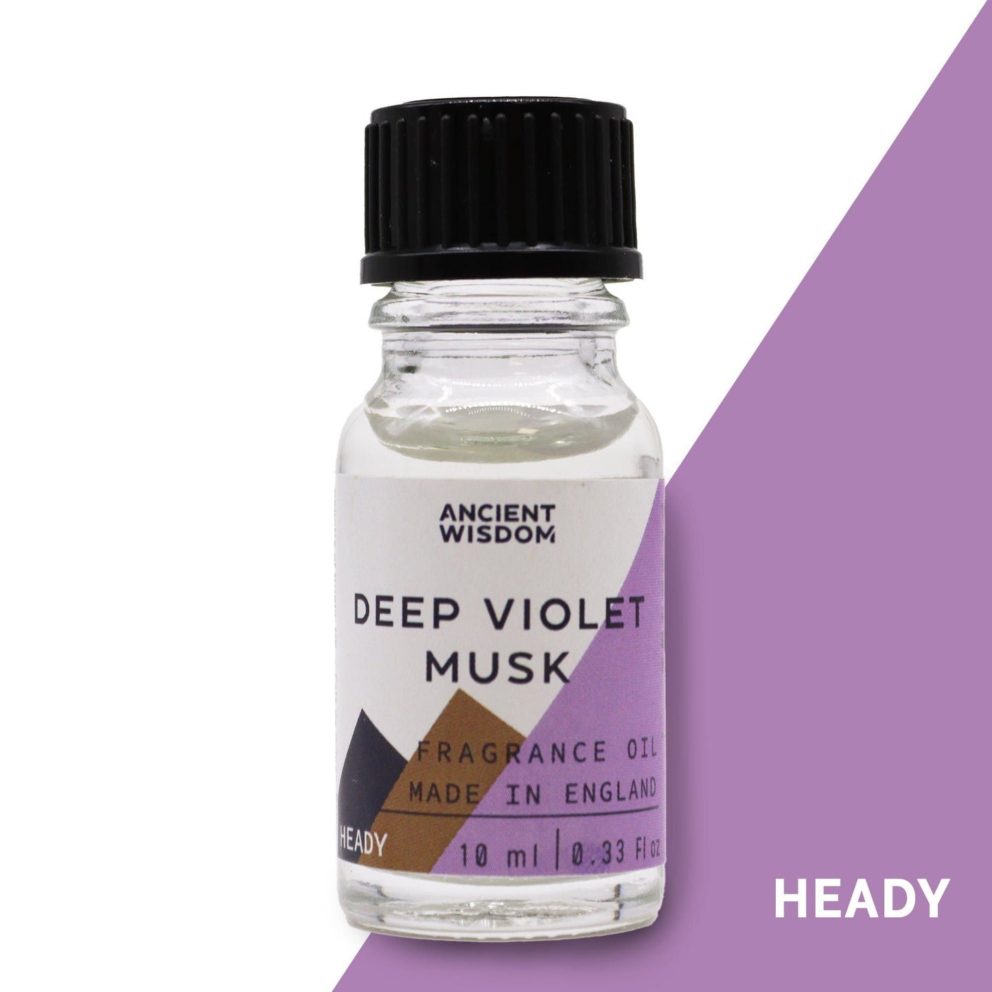 Frasco de vidrio de 10ml con tapa negra y etiqueta decorada con tonos violeta y marrón para aceite de fragancia