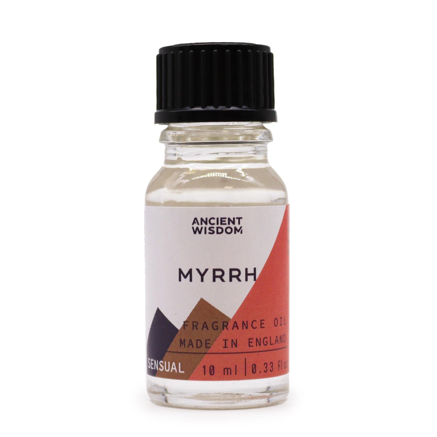 Frasco de vidrio transparente de 10ml con tapa negra, etiqueta con diseño geométrico y texto "Myrrh". Fondo blanco.