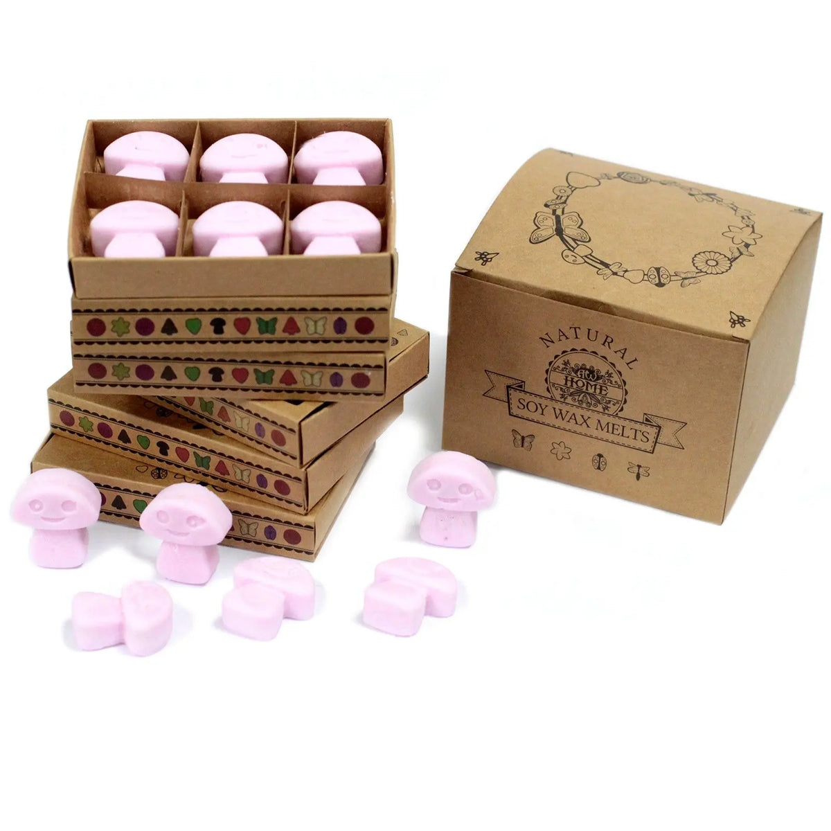 Cajas de cartón kraft con seis ceras de soja rosas con forma de champiñón y detalles decorativos en estilo artesanal