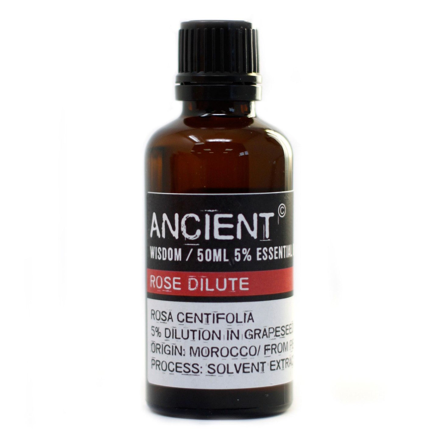 Frasco de vidrio ámbar de 50ml con tapón negro y etiqueta informativa sobre aceite esencial de rosa diluido.