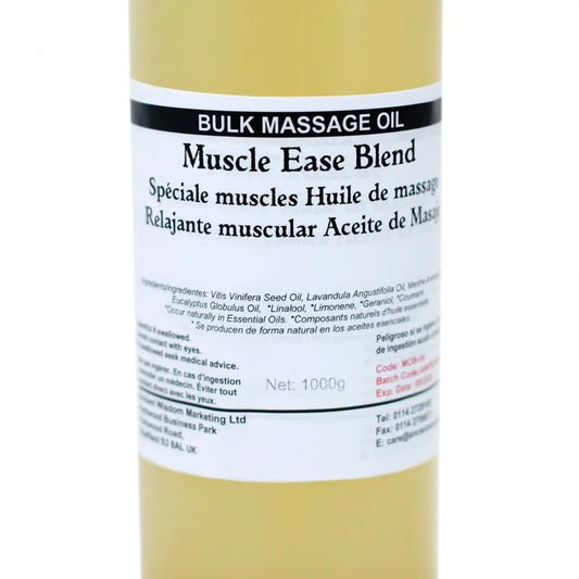 Aceite de masaje relajante muscular, mezcla Muscle Ease, envase de 1000g, color amarillo, ingredientes naturales.