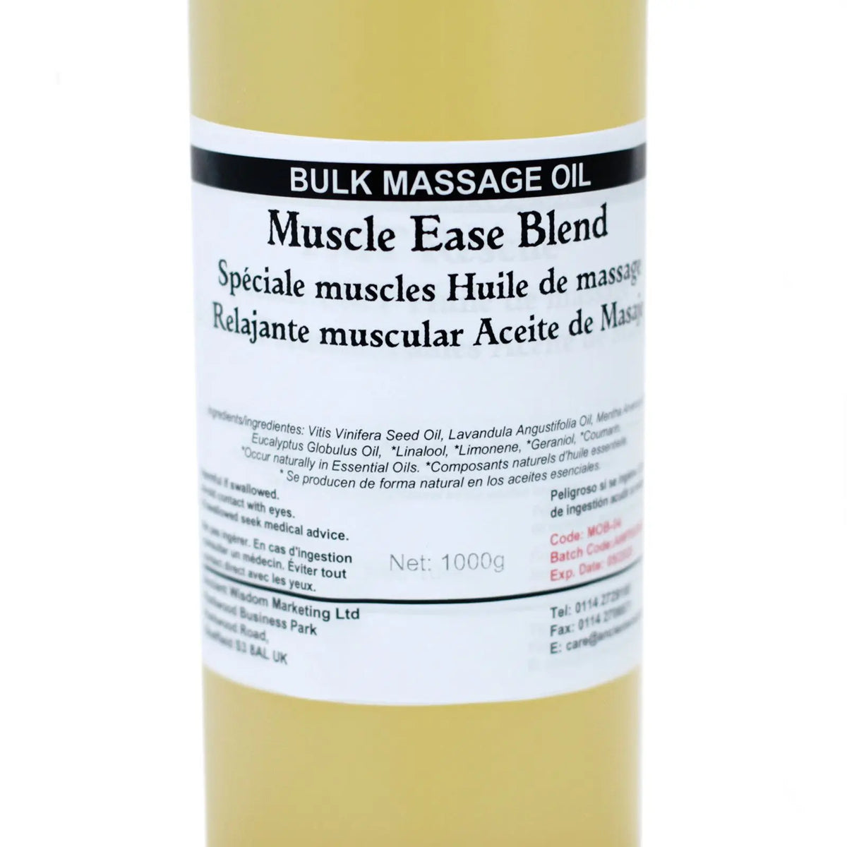 Aceite de masaje relajante muscular, mezcla Muscle Ease, envase de 1000g, color amarillo, ingredientes naturales.