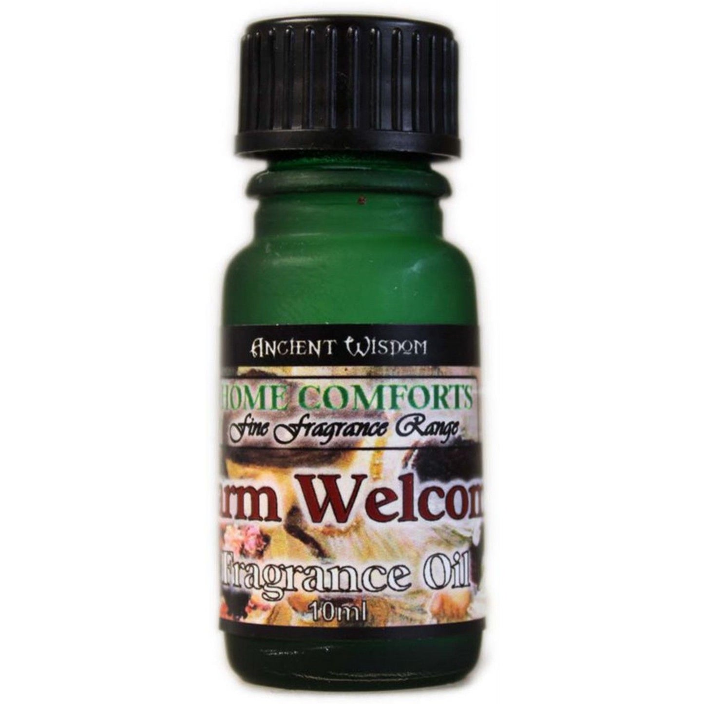 Frasco de vidrio verde de 10ml con tapón negro, contiene aceite de fragancia y etiqueta con texto sobre fondo blanco.