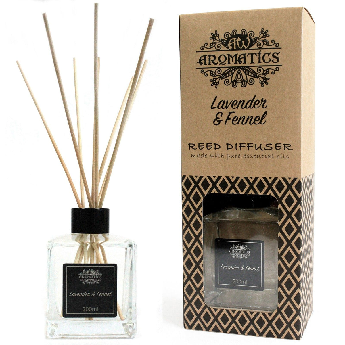 Difusor de caña de vidrio transparente, 200ml, aroma a lavanda y hinojo, incluye varillas naturales.