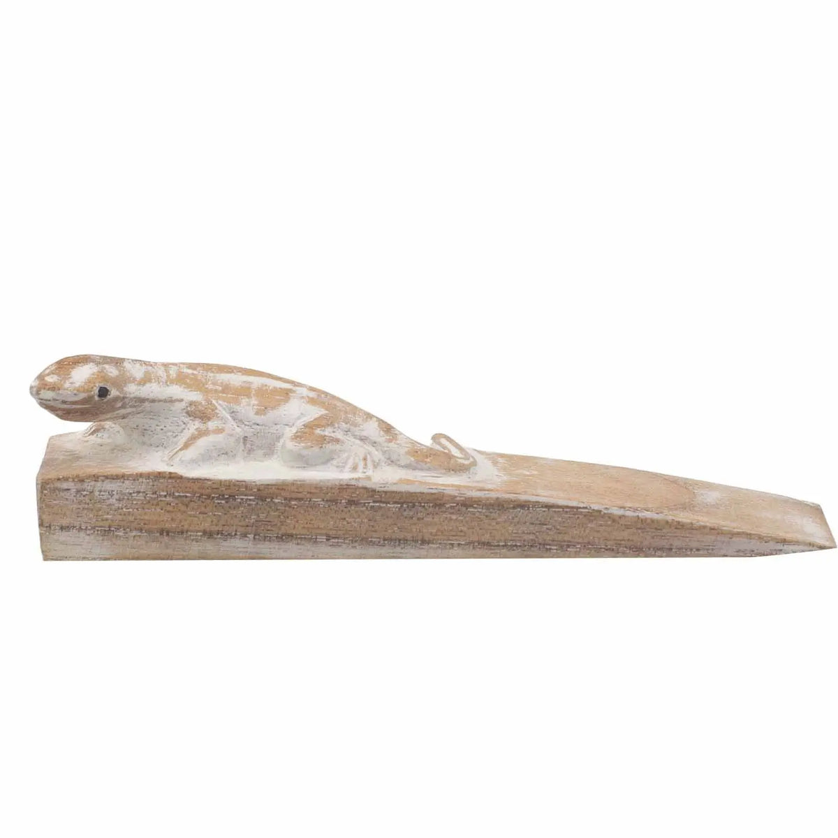 Tope de puerta de madera en forma de cuña, tallado a mano con figura de geco en acabado rústico blanco y madera natural.