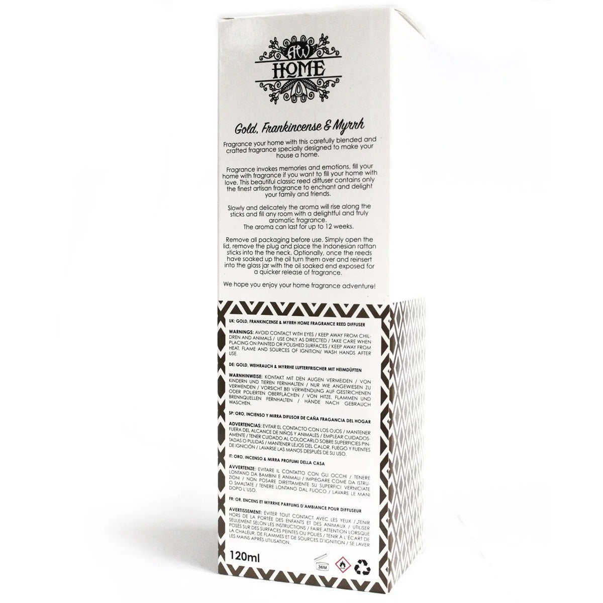 Empaque rectangular blanco para difusor de 120ml con estampado geométrico en la base y textos informativos en negro.