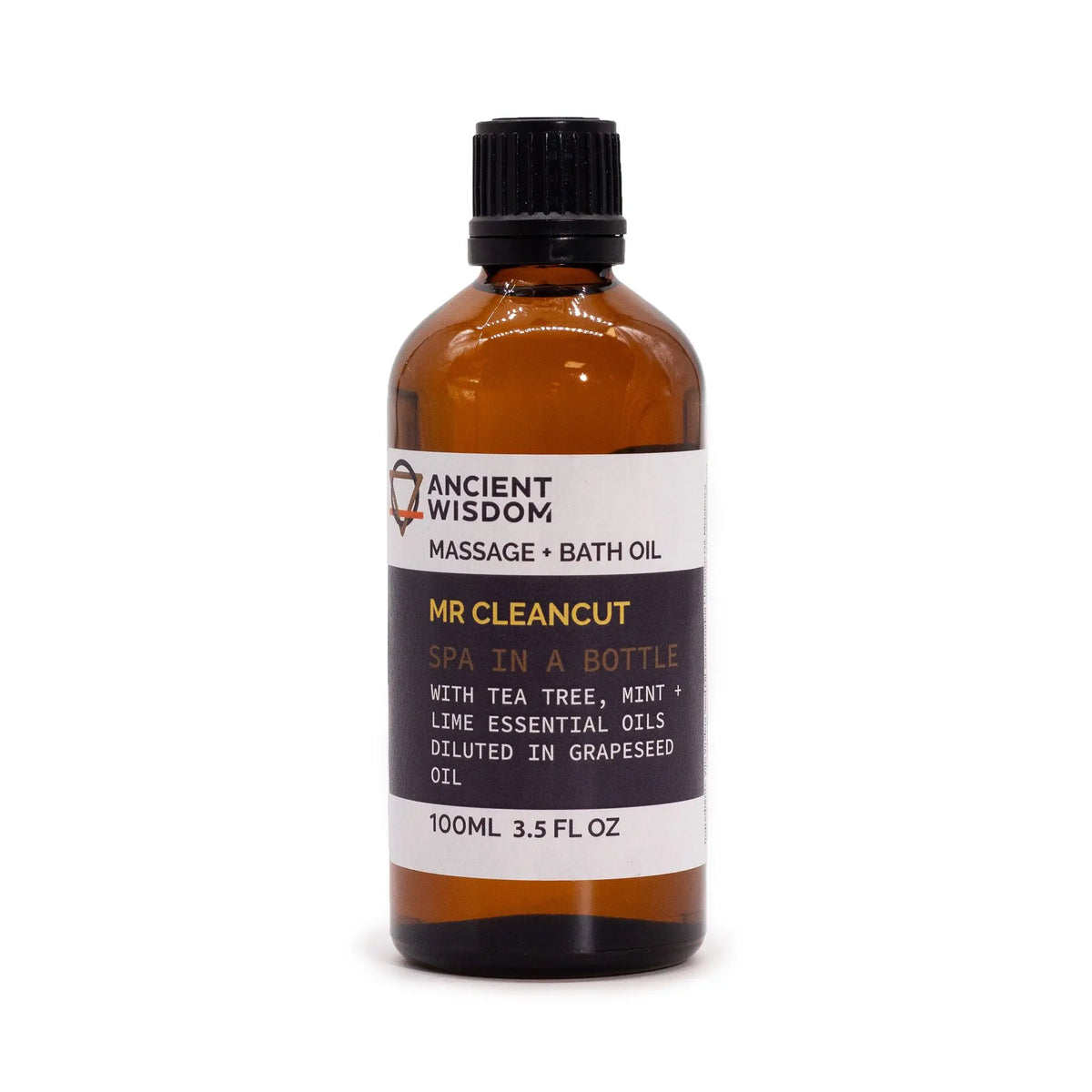 Frasco de vidrio ámbar de 100ml con tapa negra y etiqueta blanca y negra de aceite esencial de masaje.