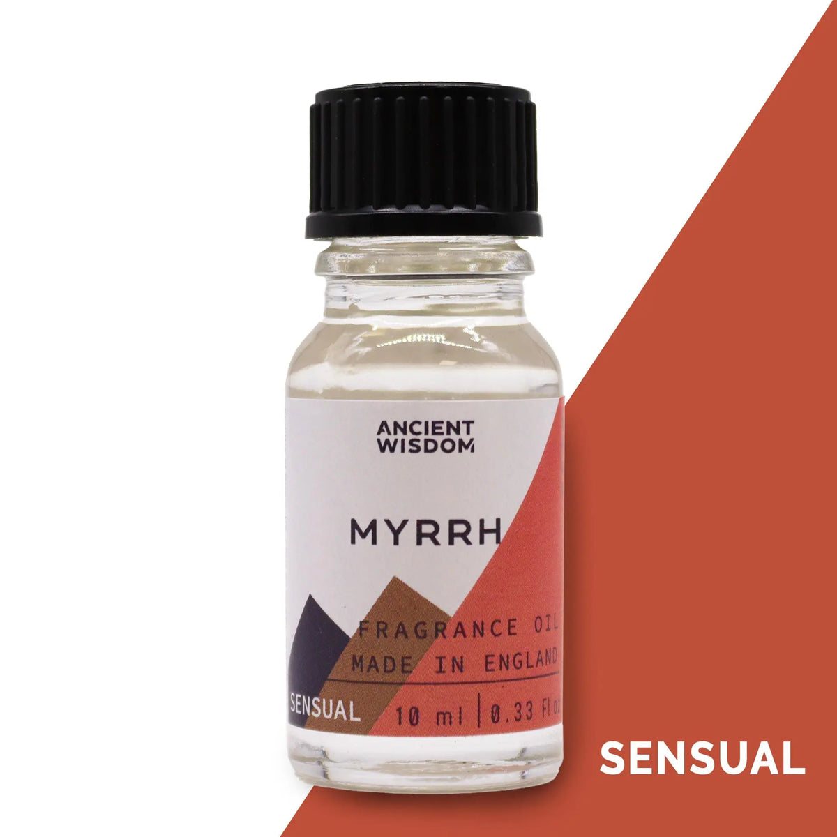 Frasco de vidrio de 10ml con aceite de mirra, tapa negra y etiqueta geométrica en tonos tierra sobre fondo naranja.