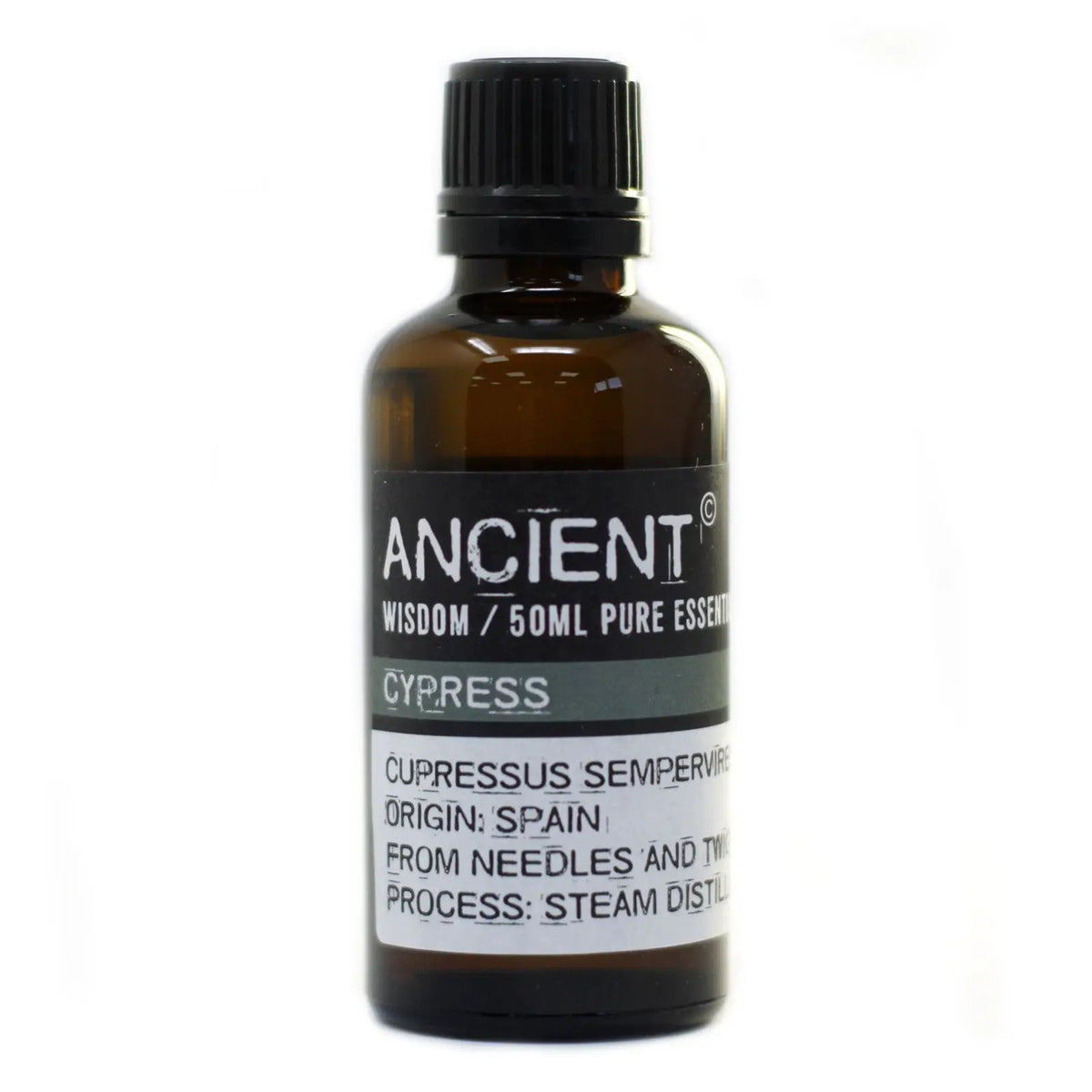 Frasco de vidrio ámbar de 50ml con tapón negro y etiqueta informativa sobre aceite esencial de ciprés.