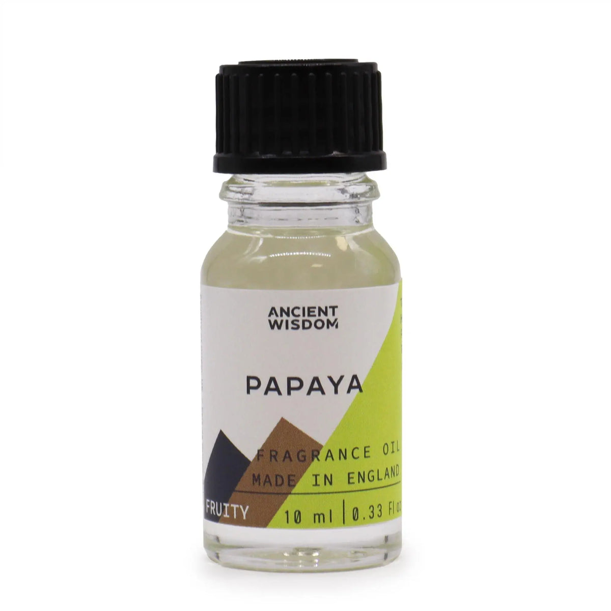 Frasco pequeño de vidrio transparente con 10ml de aceite de fragancia de papaya, tapón negro y etiqueta blanca y verde.