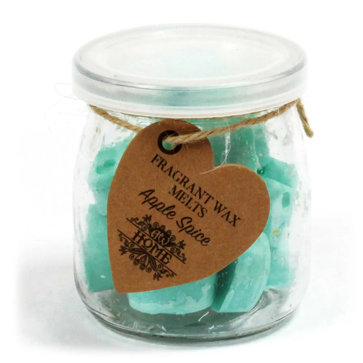Frasco de vidrio con tapa, relleno de trozos de cera de soja color verde menta y etiqueta en forma de corazón.