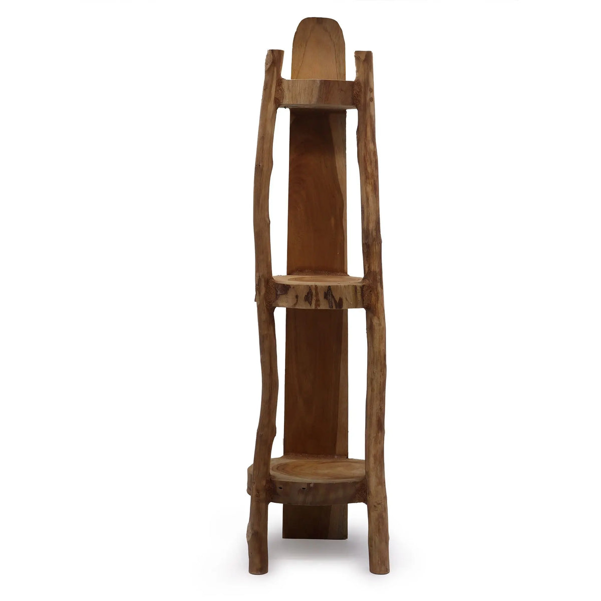 Estantería esquinera de 3 niveles en madera de teca natural con diseño rústico y orgánico, 90 cm de altura.