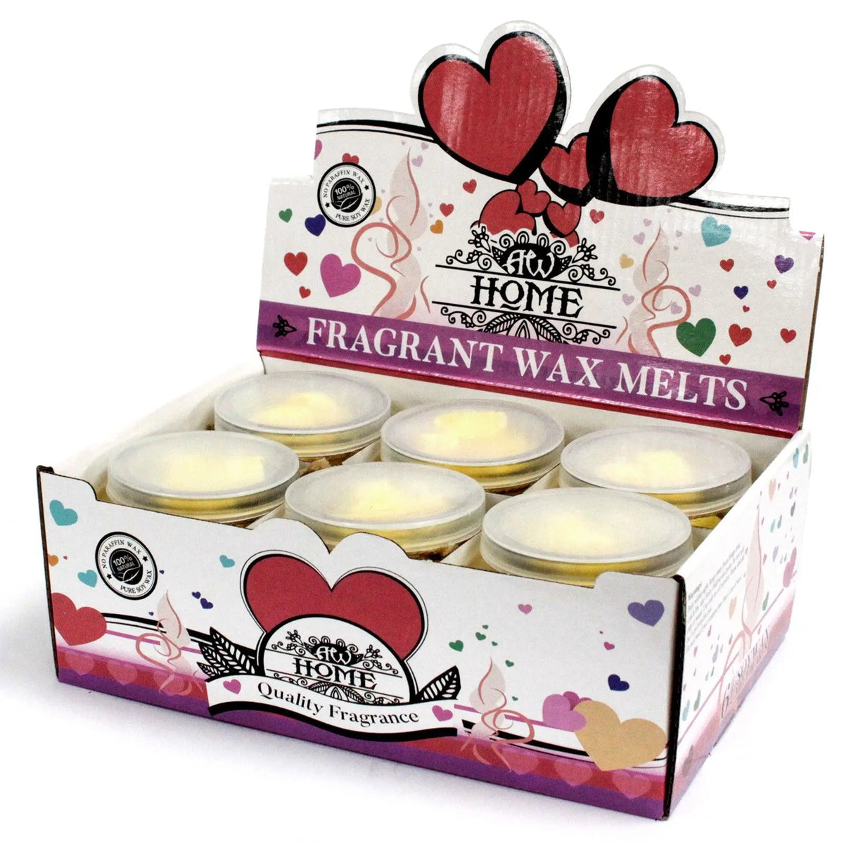 Expositor de cartón decorado con corazones que contiene seis frascos pequeños con cera de soja blanca y tapa plástica.