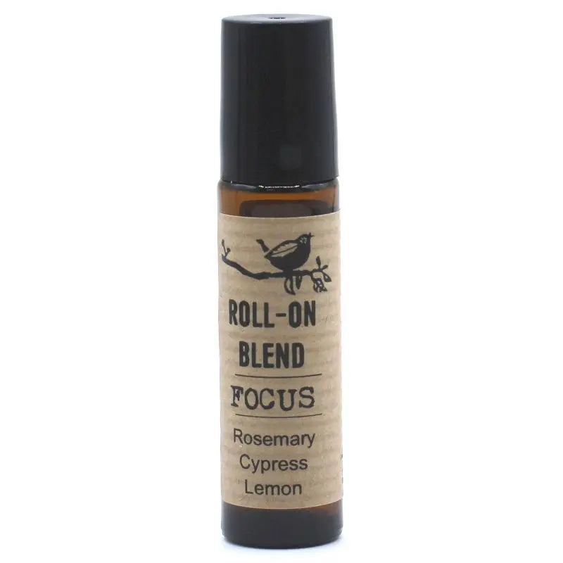 Mezcla roll-on Focus con romero, ciprés y limón en envase ámbar de 10 ml. Aromaterapia natural y relajante.