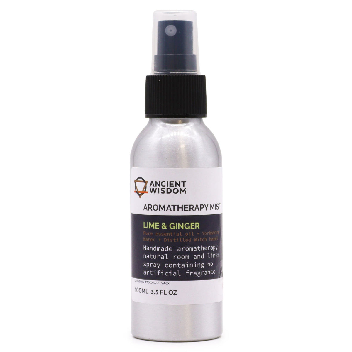 Botella de spray de aluminio plateado de 100ml con etiqueta negra y blanca de aceite esencial de lima y jengibre.