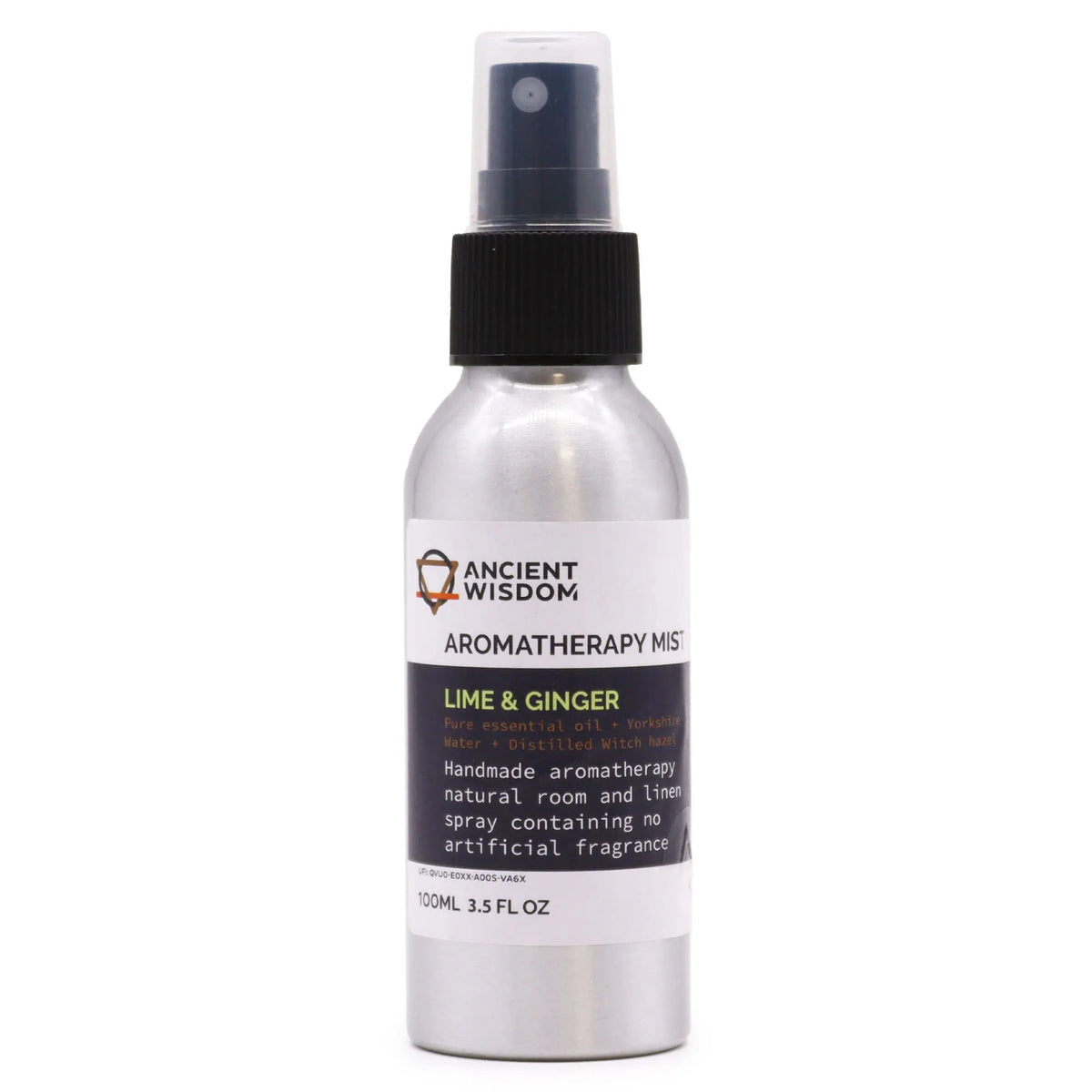 Botella de spray de aluminio plateado de 100ml con etiqueta negra y blanca de aceite esencial de lima y jengibre.