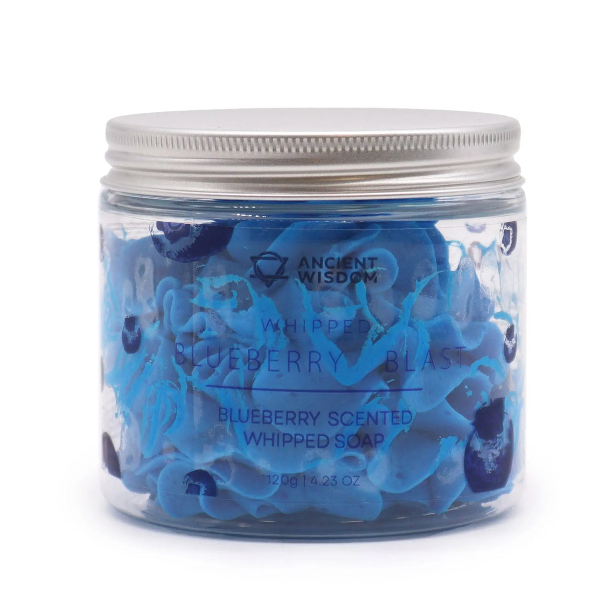 Frasco transparente con tapa metálica que contiene jabón chantilly de color azul intenso, textura suave y esponjosa.
