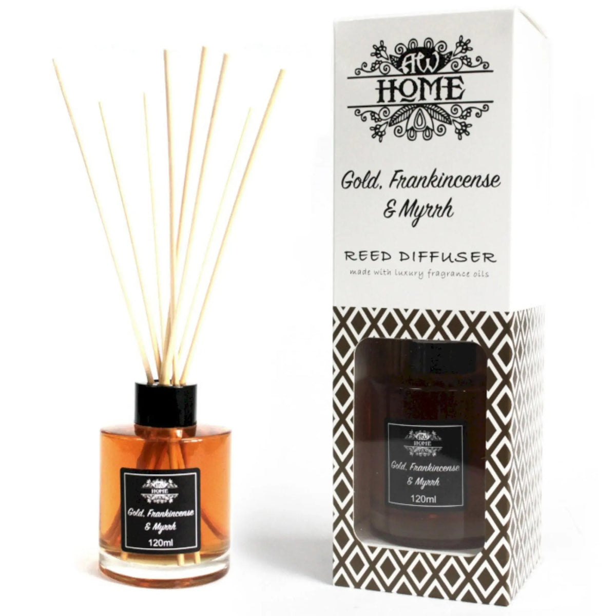 Difusor de aromas de 120ml con varillas de madera y frasco de vidrio ámbar junto a su caja decorativa de estilo elegante