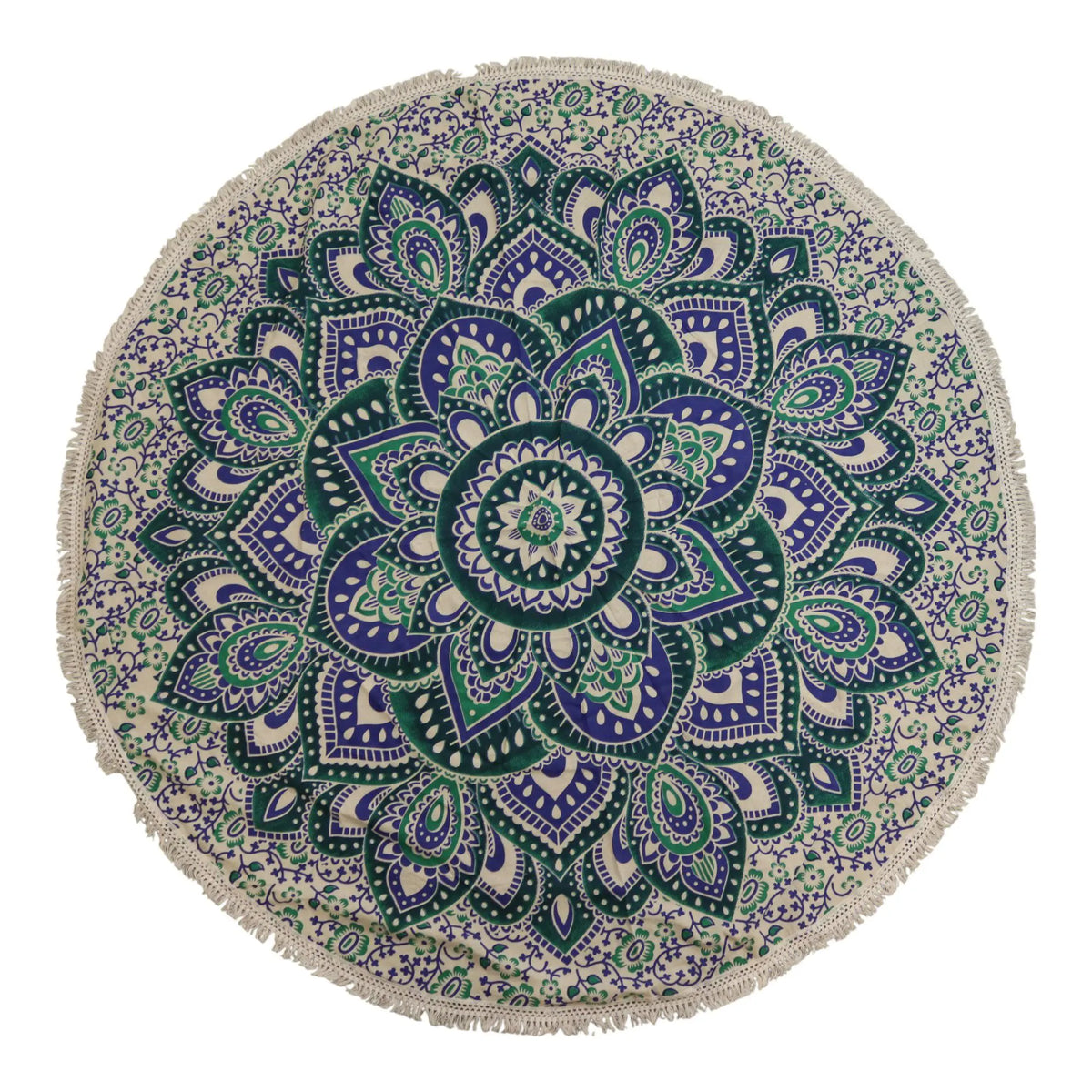 Tapiz redondo de algodón con diseño de mandala en tonos azules y turquesas y borde con flecos sobre fondo blanco.