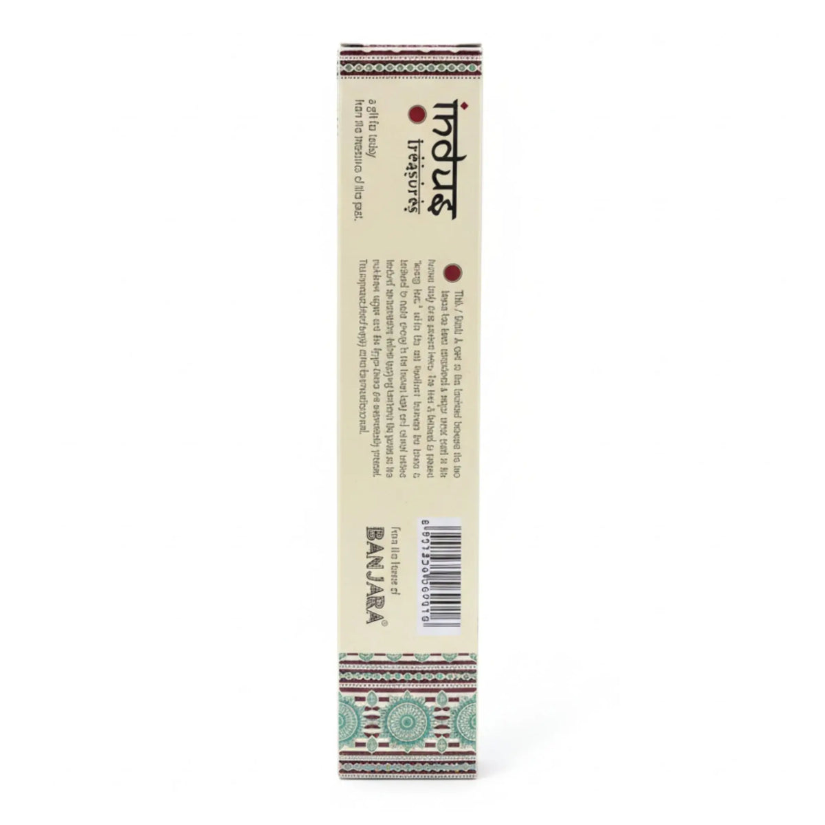 Caja rectangular de cartón beige para incienso con diseño decorativo y texto informativo en los laterales.