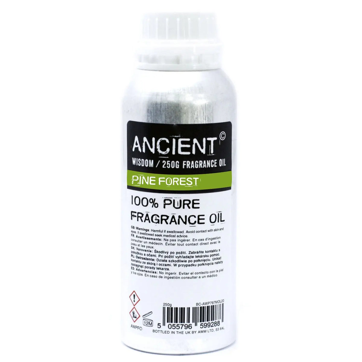 Botella de aluminio de 250g con tapa blanca y etiqueta informativa que identifica aceite aromático de bosque de pinos.