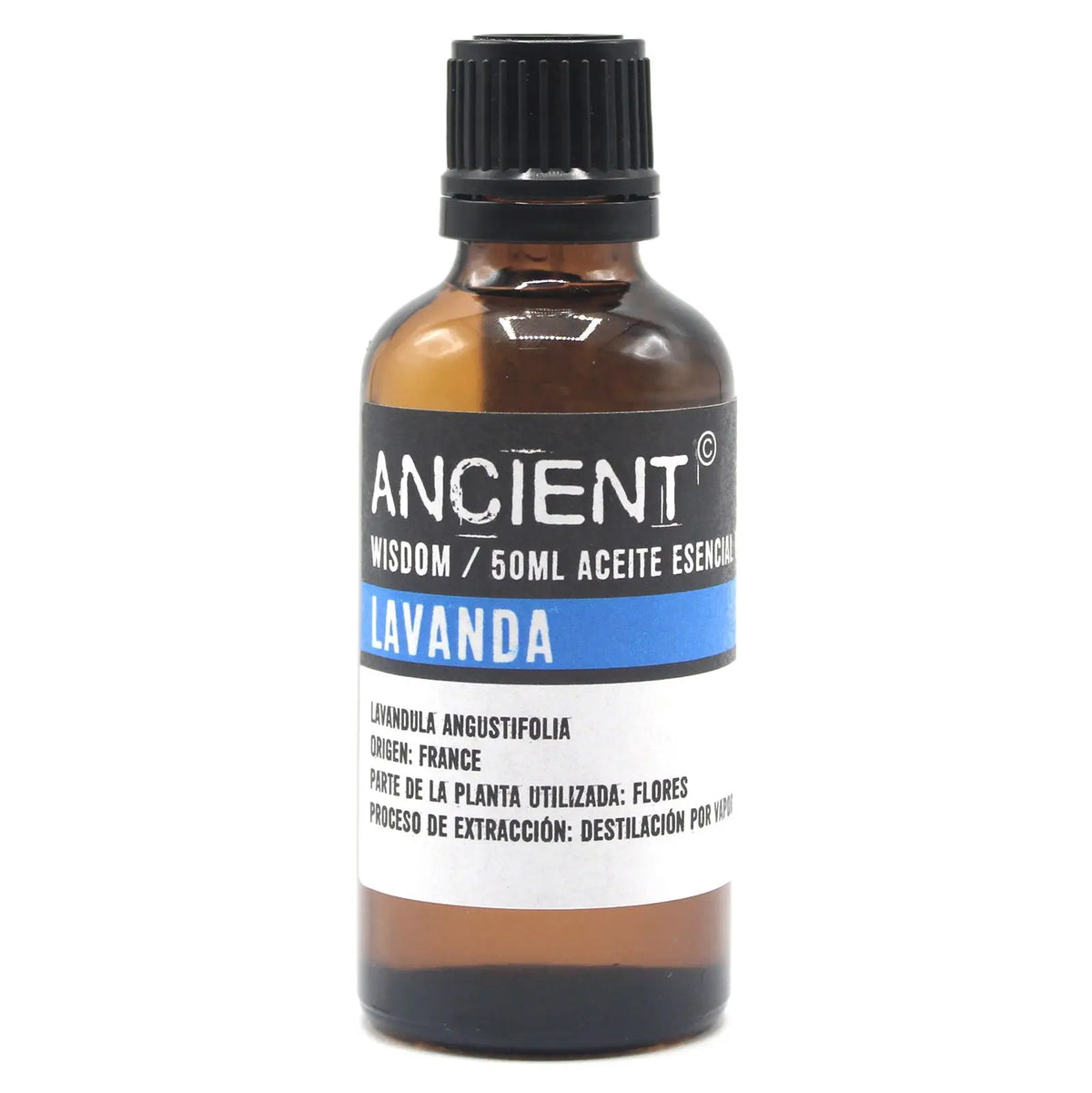 Frasco de cristal ámbar de 50ml con tapa negra y etiqueta blanca y azul de aceite esencial de lavanda profesional