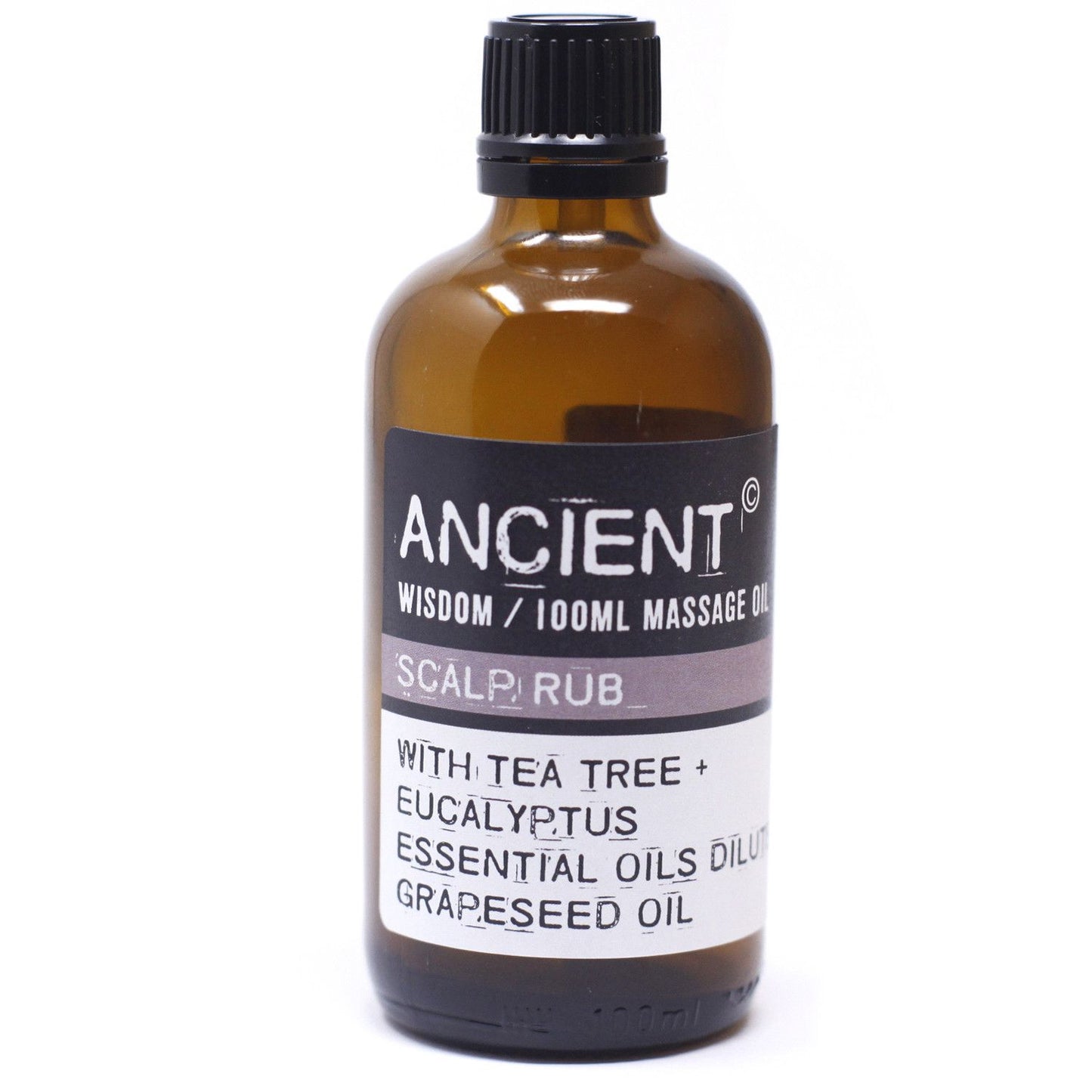 Frasco de vidrio ámbar con tapa negra y etiqueta minimalista para aceite de masaje capilar de 100ml sobre fondo blanco