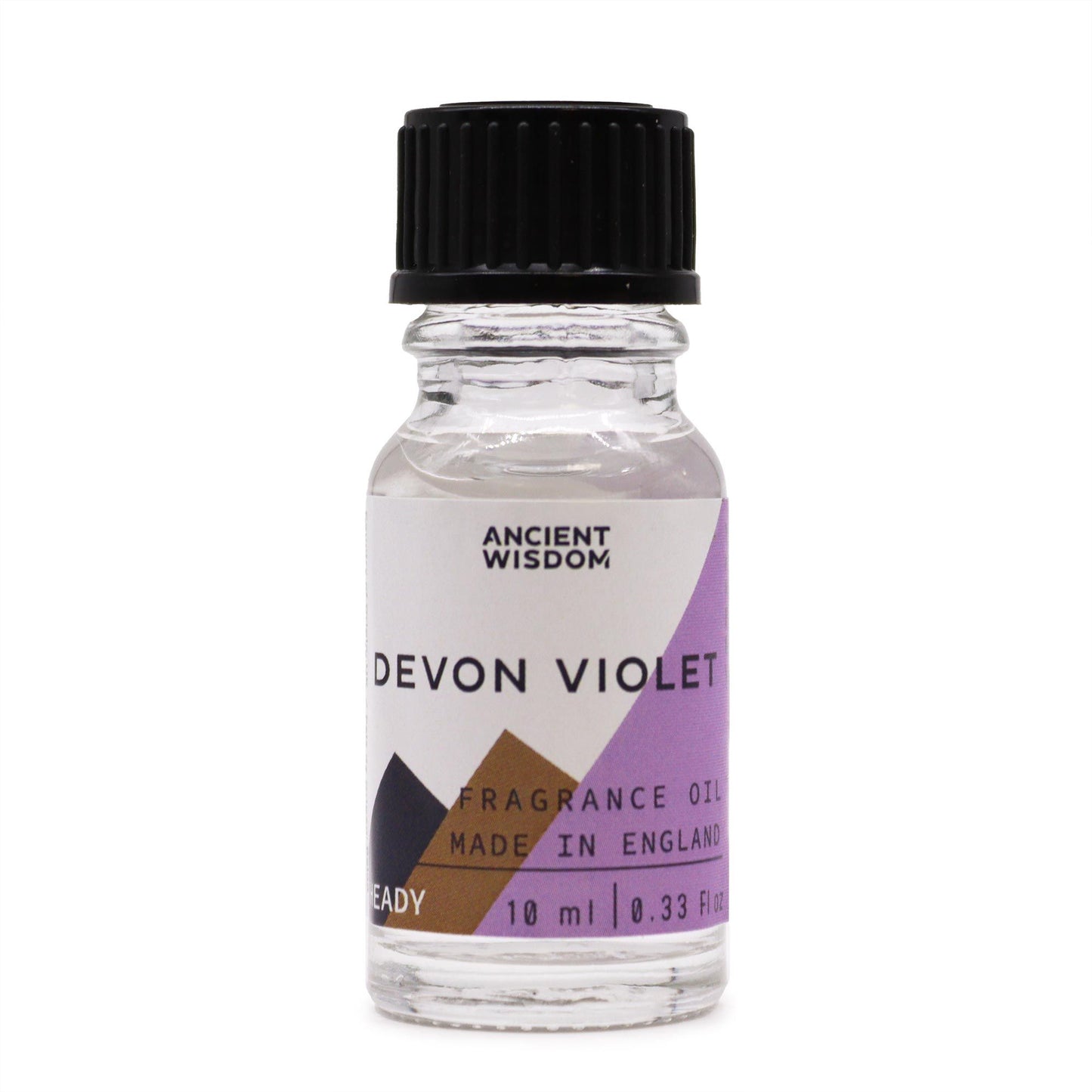 Frasco de vidrio transparente de 10ml con tapa negra y etiqueta blanca con detalles en violeta y café.
