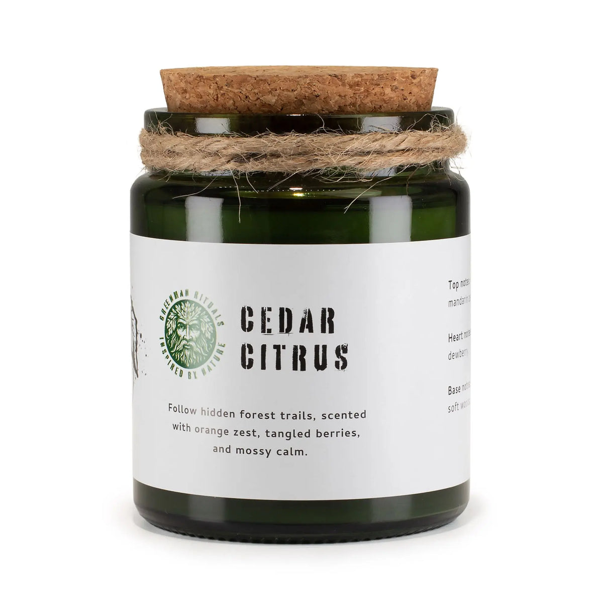 Vela aromática verde "Cedar Citrus", con tapa de corcho, aroma a cítricos, bayas y musgo. Ideal para ambientar.