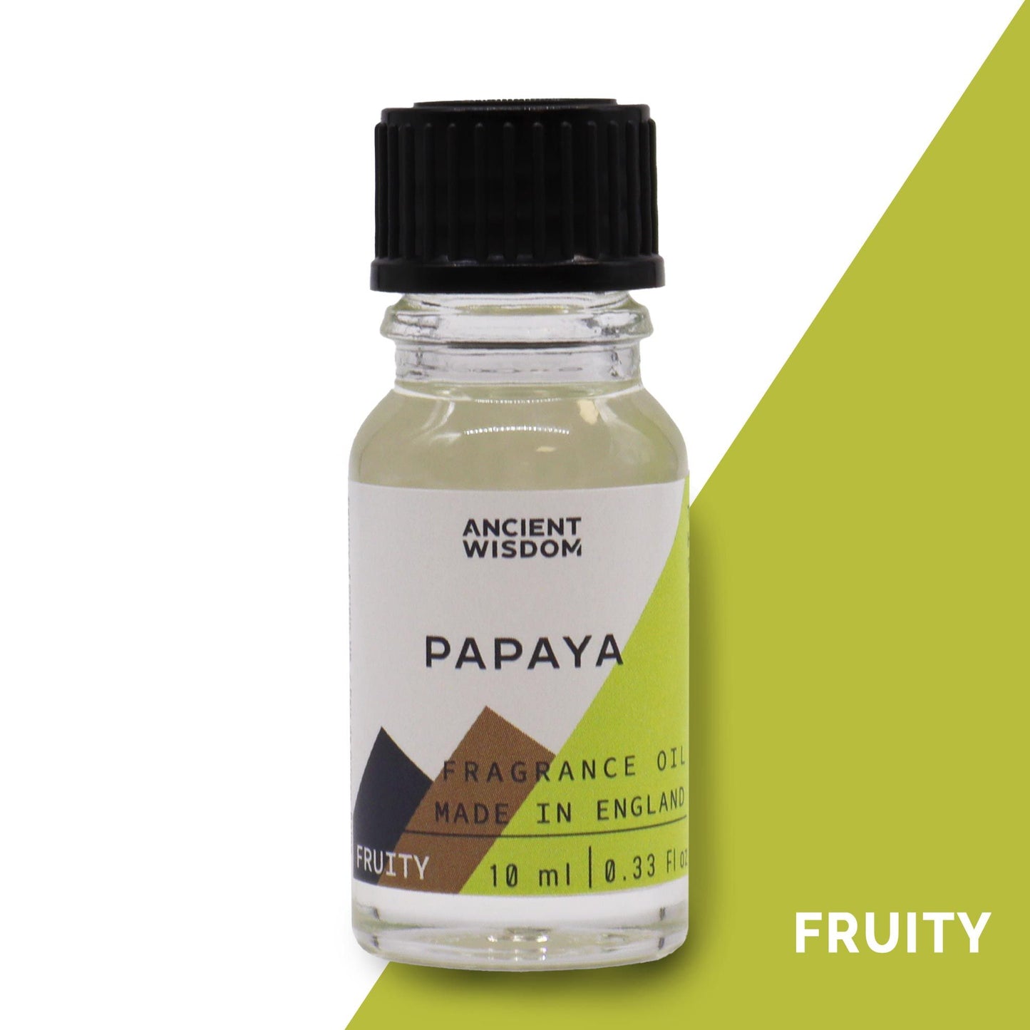 Frasco de cristal de 10 ml con aceite de fragancia de papaya, tapón negro y etiqueta decorada con motivos geométricos.