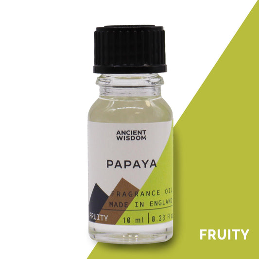 Frasco de cristal de 10 ml con aceite de fragancia de papaya, tapón negro y etiqueta decorada con motivos geométricos.