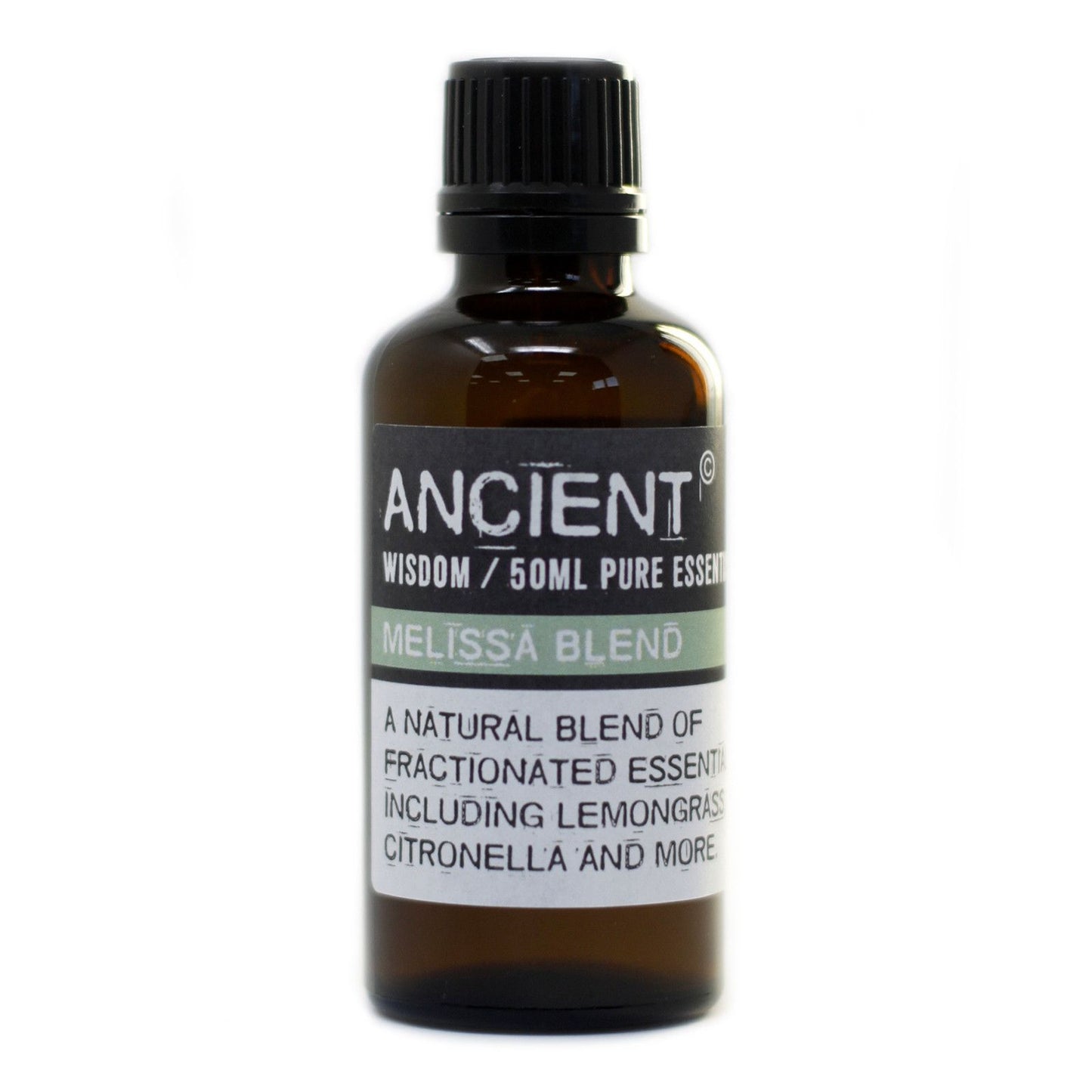 Frasco de vidrio ámbar de 50ml con tapa negra y etiqueta blanca descriptiva para mezcla de aceite esencial de Melissa.