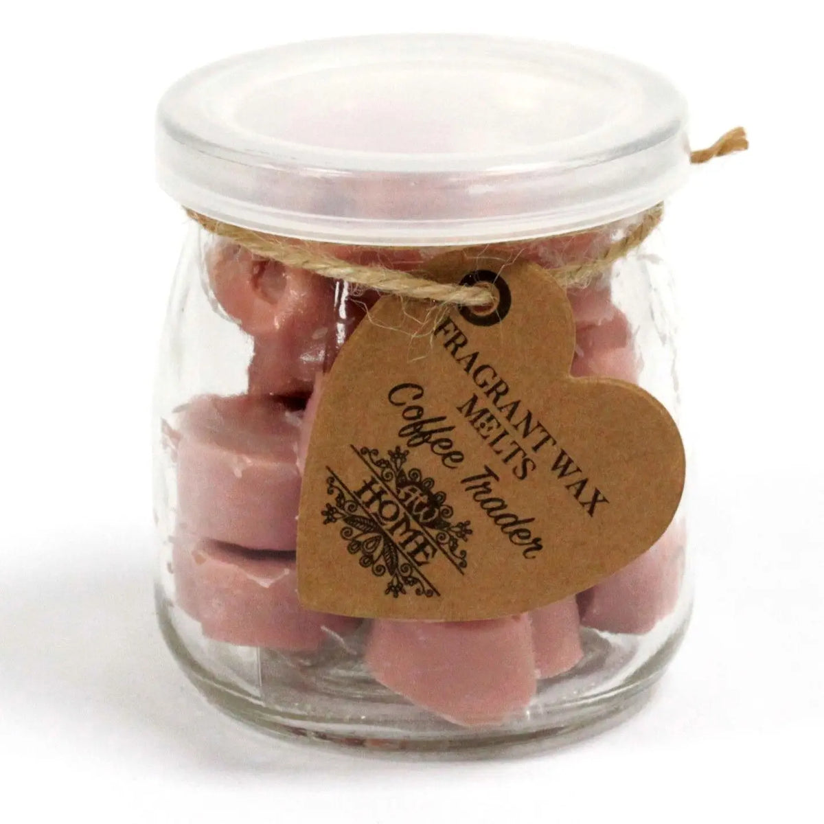 Frasco de vidrio con tapa conteniendo pastillas de cera aromática color café, decorado con etiqueta de cartón en forma.