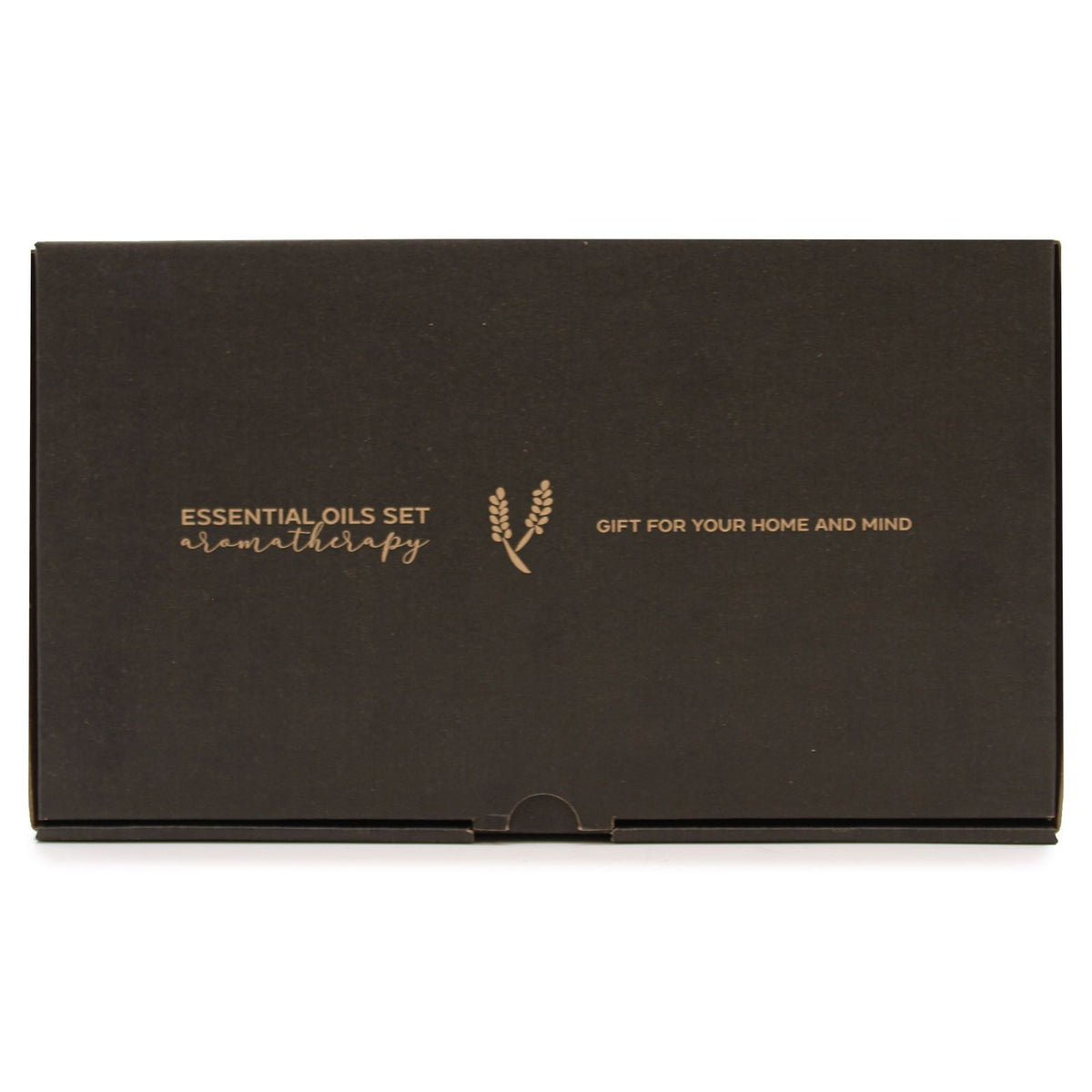 Set de aceites esenciales en caja negra, elegante, ideal para aromaterapia y regalo para el hogar y la mente.