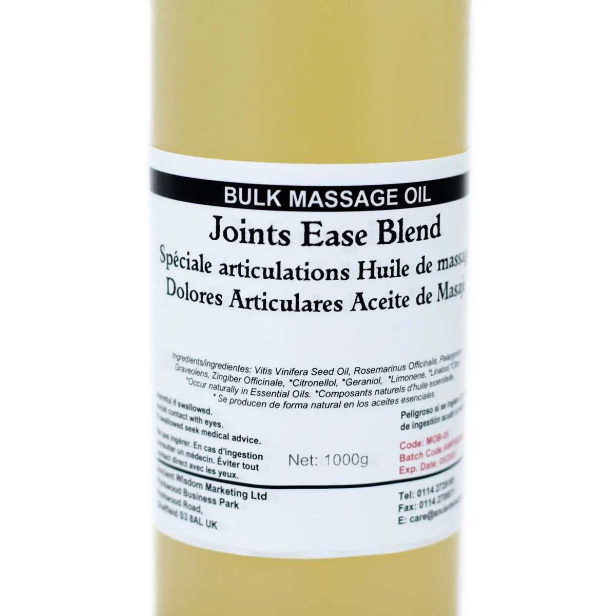 Envase cilíndrico de 1kg con aceite amarillo y etiqueta blanca con información del producto y sus ingredientes.