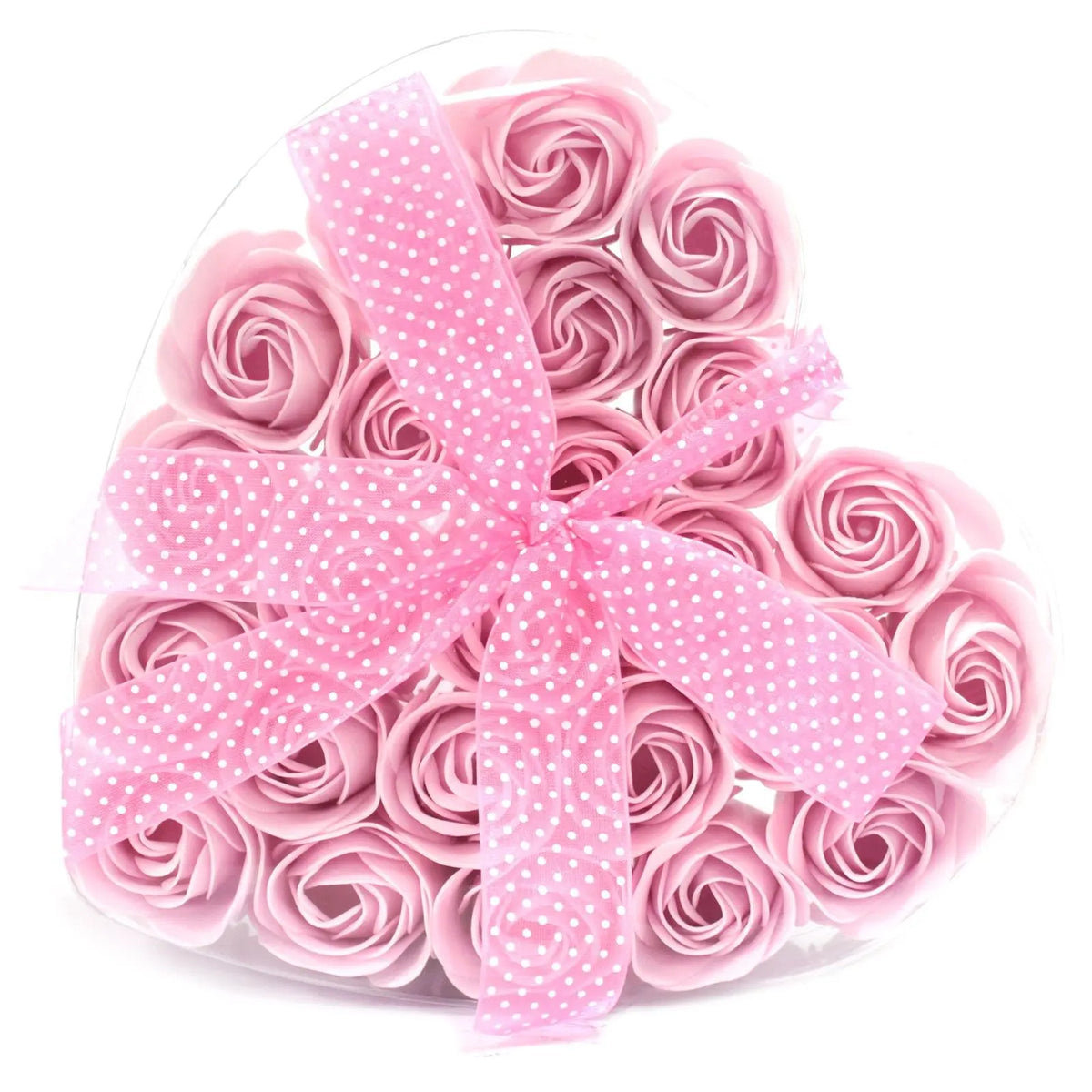 Caja en forma de corazón con 24 rosas de jabón rosa de Ornare Living, decorada con un lazo de lunares blancos.