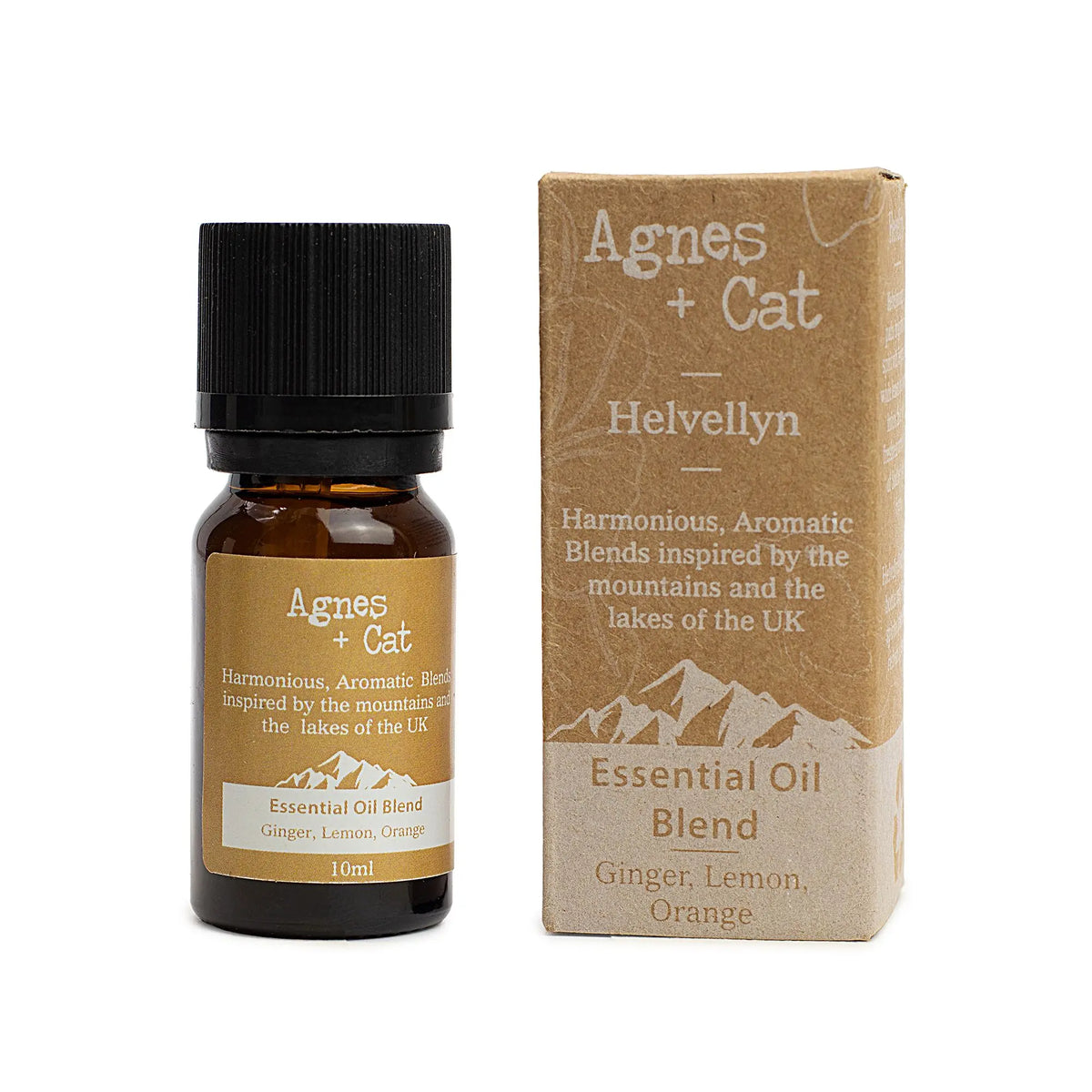 Frasco de aceite esencial Helvellyn con caja de cartón marrón. Etiqueta con diseño de montañas, jengibre, limón y naranja.