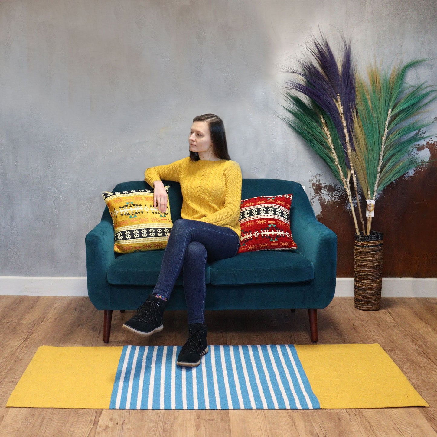 Alfombra India de Algodón - 70x170cm - Amarillo/ Azul