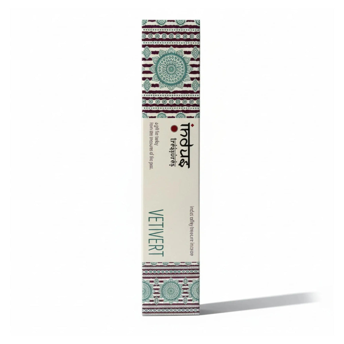 Caja vertical de incienso de vetiver con diseño decorativo en tonos crema, granate y azul turquesa.