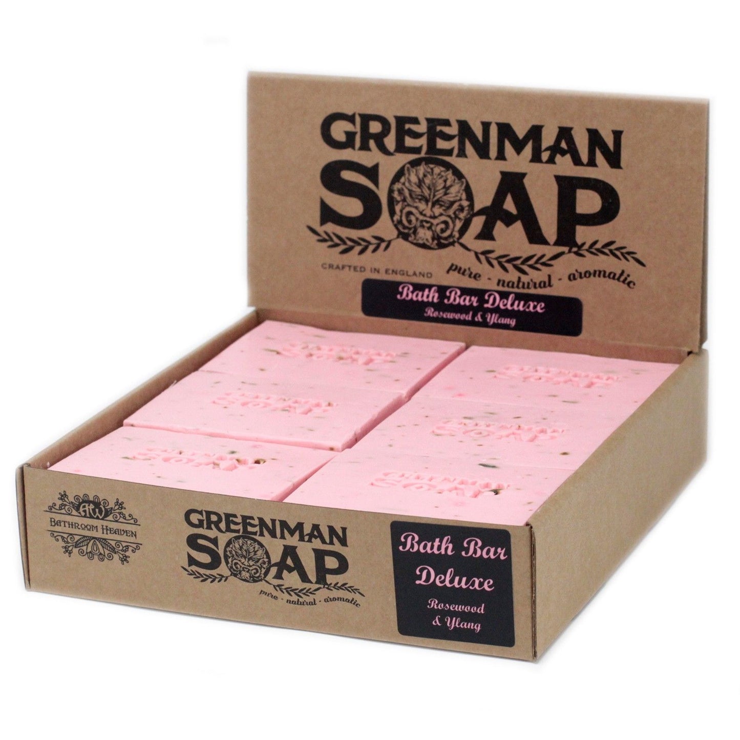 Caja de cartón artesanal con 6 pastillas de jabón rosa "Greenman Soap" de lujo con aroma a palo de rosa e ylang.