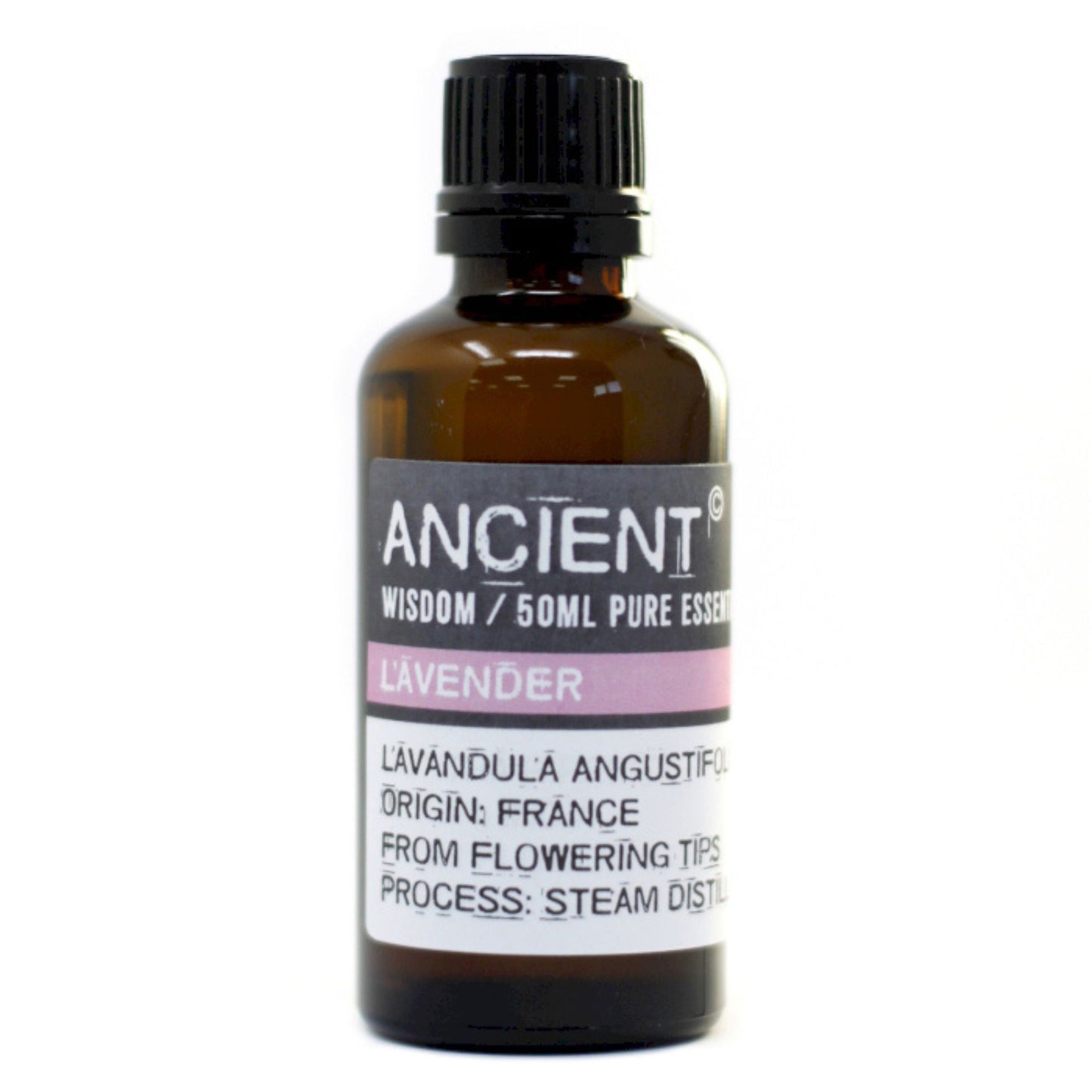 Frasco de vidrio ámbar de 50ml con tapa negra, contiene aceite esencial de lavanda con etiqueta informativa.
