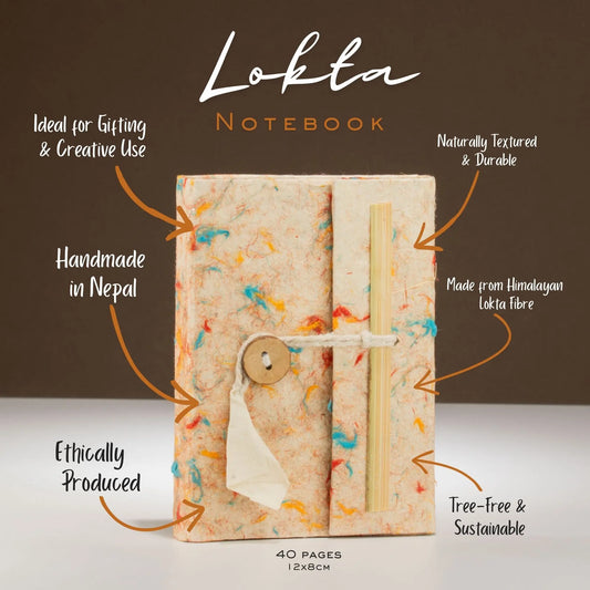 Cuaderno Lokta hecho a mano en Nepal, tamaño 12x8 cm, color natural con toques de azul y naranja, 40 páginas.