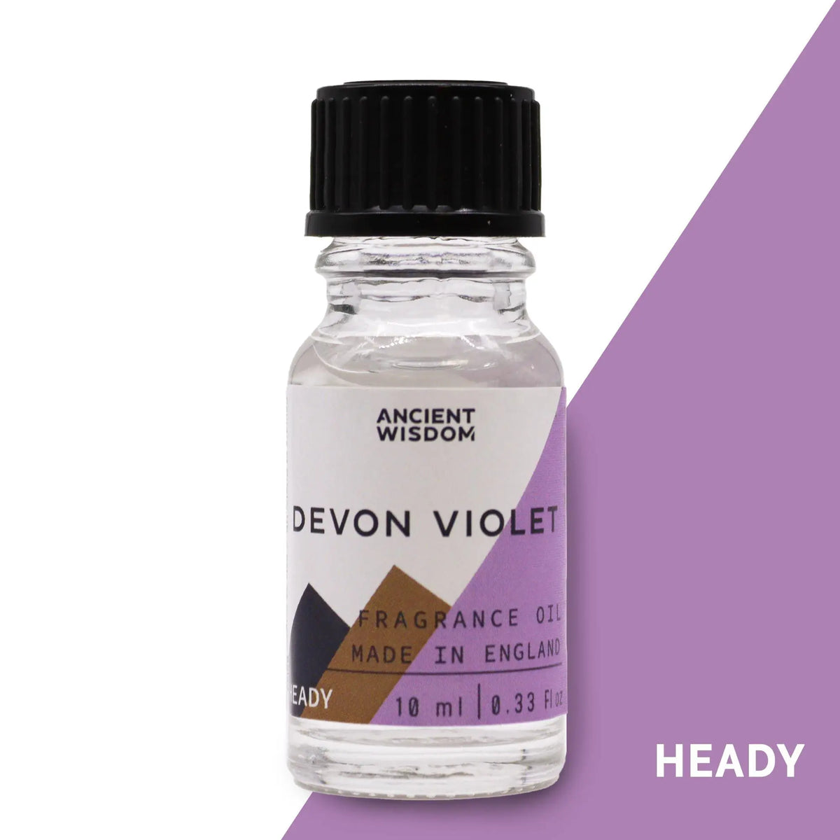 Frasco de vidrio transparente de 10ml con tapa negra y etiqueta blanca con detalles en violeta y café. Fondo violeta.