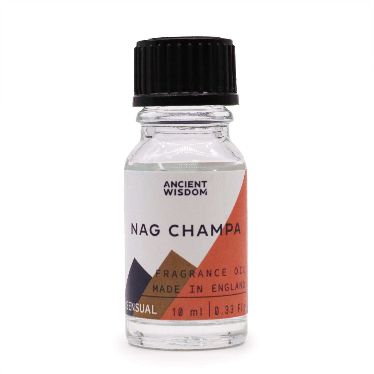 Frasco de cristal transparente de 10ml con tapa negra y etiqueta de diseño geométrico en tonos naranja, marrón y blanco.
