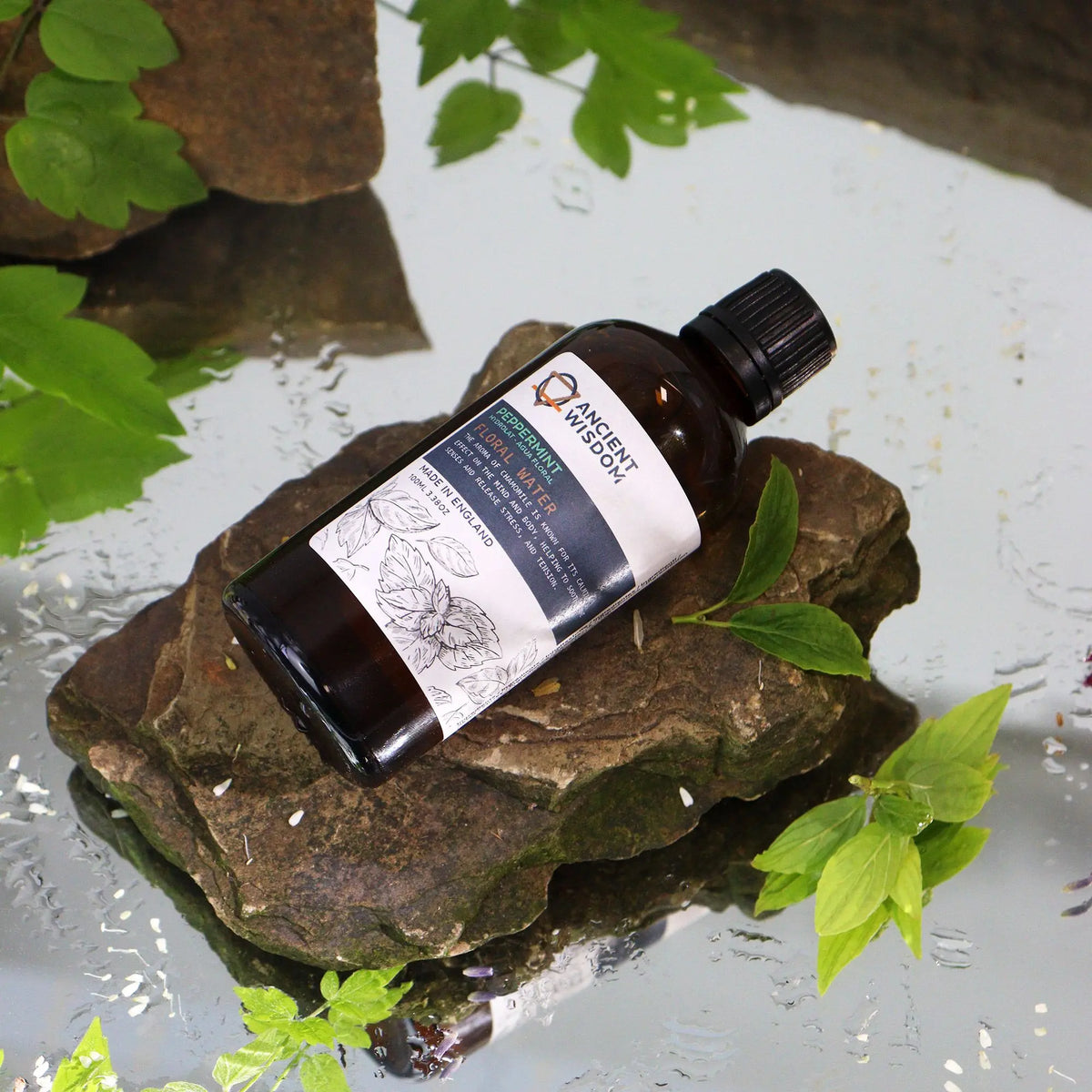 Frasco de vidrio ámbar de 100ml sobre piedra natural rodeado de hojas verdes frescas con estilo orgánico y natural