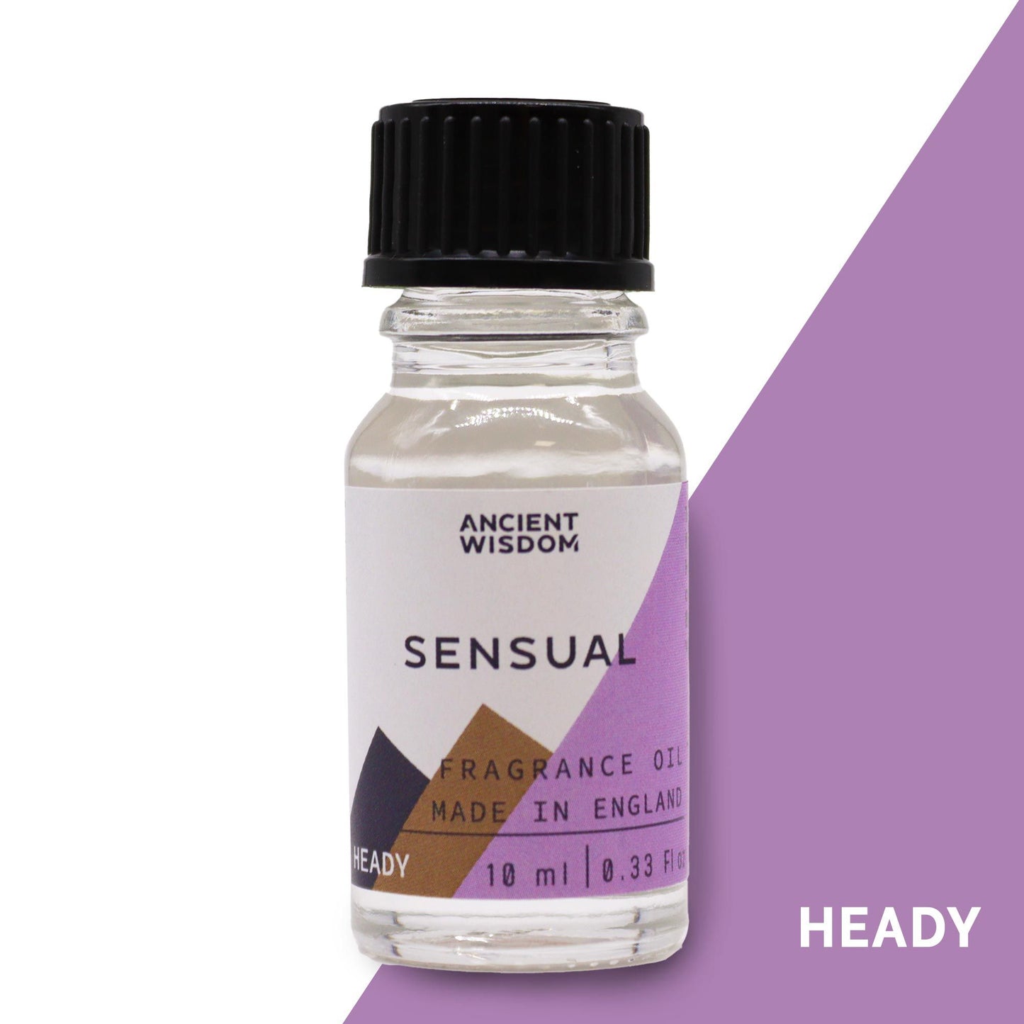 Frasco de vidrio de 10 ml con tapón negro y etiqueta blanca con formas geométricas y el texto "Sensual".