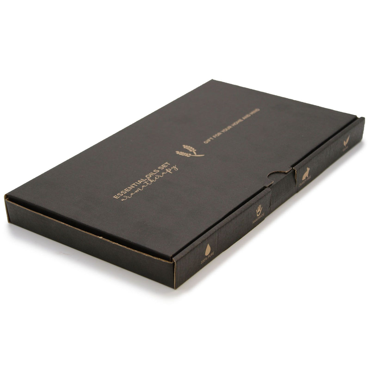 Caja negra elegante para aceites esenciales, diseño minimalista con letras doradas, ideal para regalos.