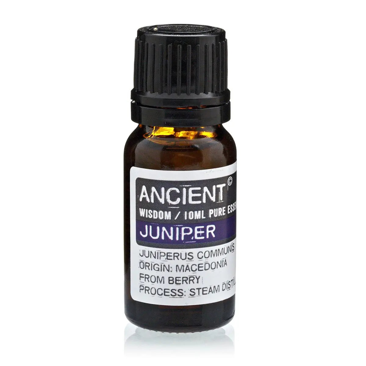 Aceite esencial de enebro, frasco de 10 ml, color ámbar, proceso de destilación al vapor, material puro.
