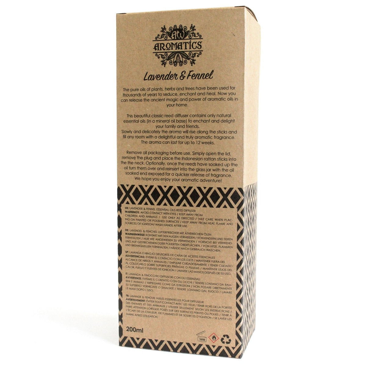Caja de aromatizante de lavanda y hinojo, color marrón con diseño geométrico, 200 ml.