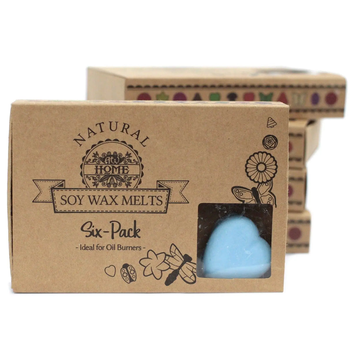 Caja de cartón kraft con una ventana que muestra una pastilla de cera de soja azul en forma de corazón.